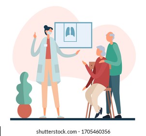 Flat style of illustration with elderly female sitting on chair with husband near listening to doctor giving diagnosis in hospital