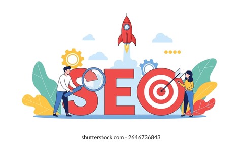 Flat style illustration emphasizing SEO, a rocket launching, target, and gears, representing Search Engine Optimization for business growth