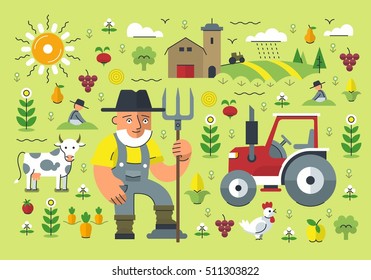Flat style illustration of farmer with a pitchfork surrounded with various farming elements: fruits and vegetables, crops, tractor, farm building, livestock and poultry