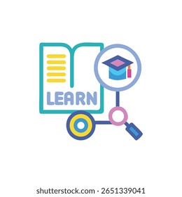 Flat style illustration features an open book with a graduation cap inside magnifying glass for education related topics. Colorful and modern style.