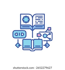 Flat style illustration features open books, connected elements, displaying data integration and process flow with soft colors on White Background.