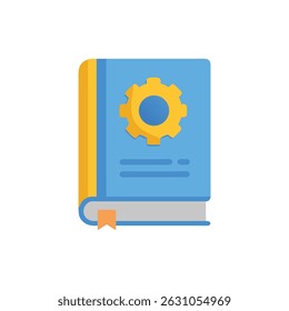 Ilustração em estilo plano com um livro azul com um símbolo de engrenagem, representando um manual técnico ou guia.
