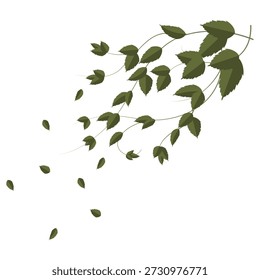 A flat style illustration featuring a branch with green leaves and some leaves falling down