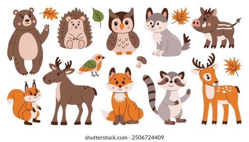 Flat style illustration featuring a collection of cute forest animals, including bear, owl, hedgehog, and deer. Perfect for children's projects, autumn designs, educational materials, and more.