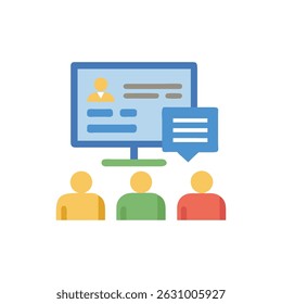 Flat style illustration featuring a computer monitor displaying user profiles connected to three figures, emphasizing virtual collaboration and online communication.