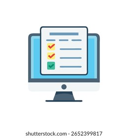 Flat style illustration featuring a computer monitor displaying a completed checklist with tick marks, signifying successful task completion.
