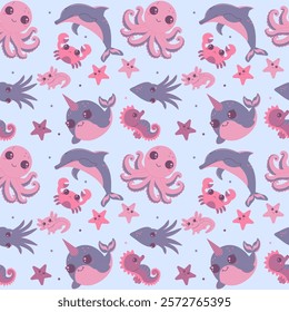 Flat style illustration featuring cute sea animals like narwhals, dolphins, octopuses, starfish, crabs, seahorses, and squids in pastel tones, perfect for kids' designs, patterns, and ocean-themed pro