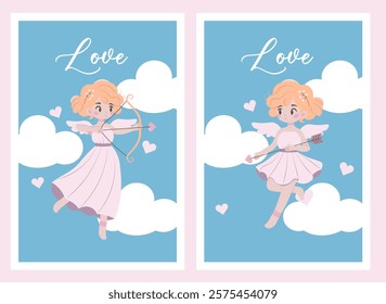 Flat style illustration featuring a cute cupid with a bow and arrow, surrounded by hearts and clouds, perfect for Valentine's Day cards, love-themed projects, and romantic designs.