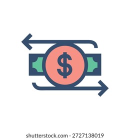 Ilustração de estilo plano com uma moeda de dólar com setas simbolizando transações financeiras e troca em design gráfico moderno.