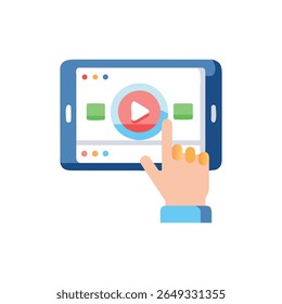 A flat style illustration featuring a hand interacting with a tablet screen displaying a video player interface and controls.