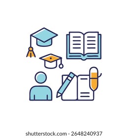 Flat style illustration featuring iconic educational elements. Light turquoise and yellow shades are outlined in navy blue, set on black.