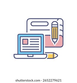 Flat style illustration featuring a laptop, document stack, and pencils. Soft pink and blue color palette.