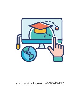 A flat style illustration featuring online education with a world globe, computer and graduation cap.