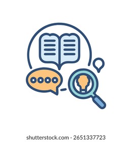 Flat style illustration featuring an open book, magnifying glass, and speech bubble. Represents knowledge, research, and communication on a White Background.