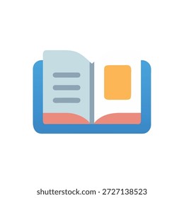 Ilustración de estilo plano con un libro abierto con Elementos azules, naranjas y rosados sobre un fondo negro.