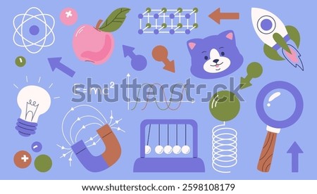 Flat style illustration featuring various physics and science-related symbols, including atoms, magnets, formulas, graphs, and a rocket on a blue background.