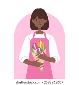 Flat style illustration of a female florist holding a bouquet of fresh flowers, wearing a pink apron, ideal for floral shop branding, greeting cards, and seasonal promotions.