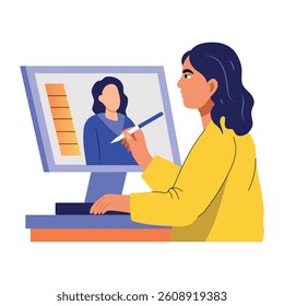 A flat style illustration of a female graphic designer