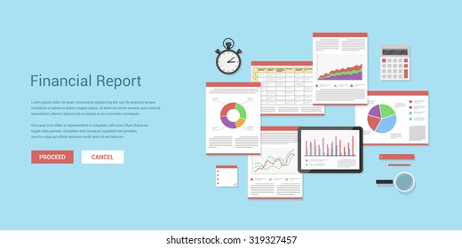 Flat style illustration of financial concept. Annual financial report, company strategy and management, money income, investments and planning. 