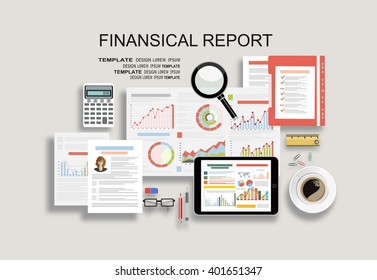Flat style illustration of financial concept. Annual financial report, company strategy and management, money income, investments and planning.