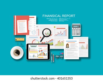Flat style illustration of financial concept. Annual financial report, company strategy and management, money income, investments and planning.