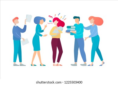Flat style illustration of a first time mother overloaded by lots of advice from different people