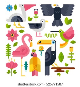 Flat style illustration with flamingo, pelican, toucan, hummingbirds and other types of birds. Vector set of exotic birds and flowers.