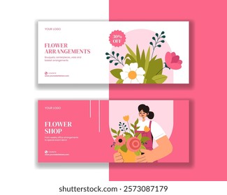 Flat Style Illustration of a Florist Arranging Bouquets for Social Media Horizontal Banner Designs