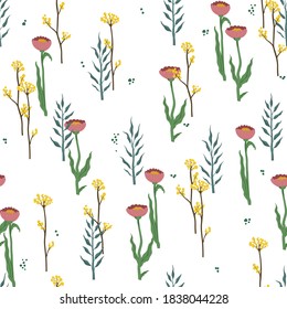 Flat style illustration of flower.  Seamless floral pattern. Illustration on white background. Cute vintage pattern with wild flower and leaves