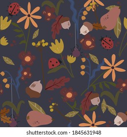 Flat style illustration of flower.  Seamless floral pattern. Illustration on white background. Cute vintage pattern with wild flower and leaves
