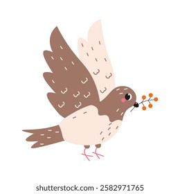 Flat style illustration of a flying pigeon carrying a branch with berries, perfect for nature-themed designs, wildlife projects, and decorative prints.