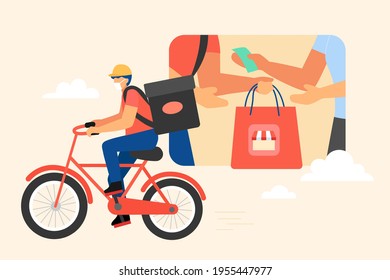 Flat style illustration, food delivery service by cycle during pandemic. Cash on delivery in closeup, customer paying for home delivery of food.