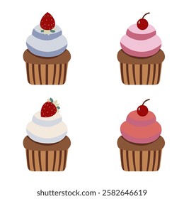 Flat style illustration of four cupcakes with colorful frosting and fruit toppings, ideal for bakery branding, dessert-themed projects, food packaging, and sweet treat decorations.