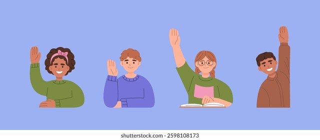 Flat style illustration of four students raising their hands in a classroom. They are engaged in learning and participation, representing education and curiosity.