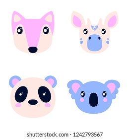 Flat style illustration with fox, giraffe and other animals. Cartoon vector set
