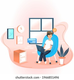Flat style illustration of Freelance Work from home in quarantine with laptop.