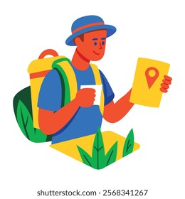 A flat style illustration of geocaching adventure