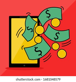 Flat Style Illustration of Get Money or Income from Cell Phone