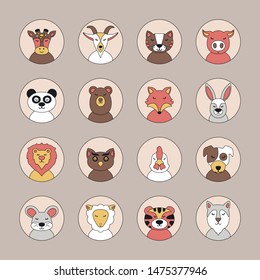 Flat style illustration with giraffe, goat, cat, pig, panda, bear, fox, rabbit, mouse, lamb, tiger, wolf, lion, owl, chicken, dog.
Cartoon vector set of animals