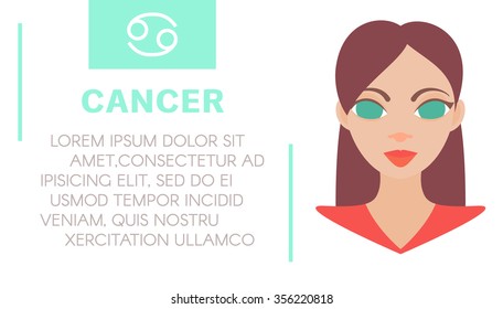 Flat style illustration of girl with cancer zodiac sign and sample text of astrological prediction.Women's magazine horoscope background.Esoteric banner with astrological prognosis on white background