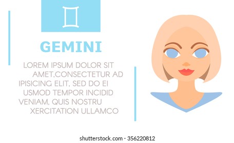 Flat style illustration of girl with gemini zodiac sign and sample text of astrological prediction.Women's magazine horoscope background.Esoteric banner with astrological prognosis on white background