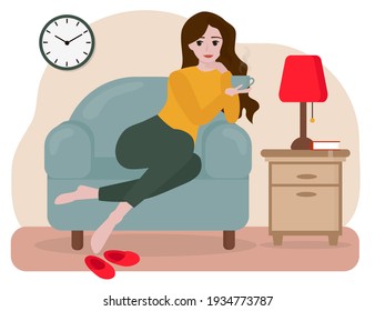 Flat style illustration. Girl with a long hair sitting on a couch. She drinks hot coffee and thinks about something  good. She gives off relaxation vibes. There is a table with a lamp in the room.