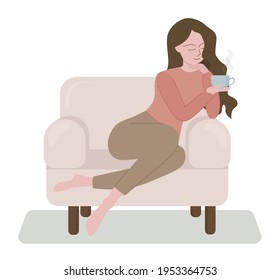 Flat style illustration. Girl with a long brown hair sitting on a couch. She drinks hot coffee and thinks about something  good. She gives off relaxation vibes. 