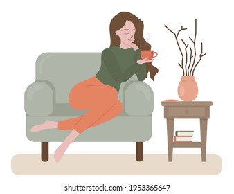 Flat style illustration. Girl with a long hair sitting on a couch. She drinks hot coffee and thinks about something  good. She gives off relaxation vibes. There is a table with a vase in the room.