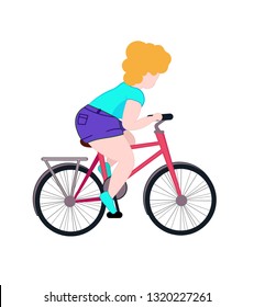 Flat style illustration of girl on bicycle. Vector illustration of curvy girl on bike. 