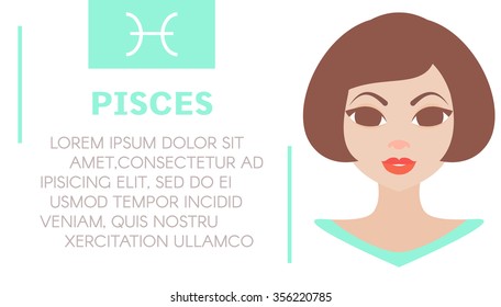 Flat style illustration of girl with pisces zodiac sign and sample text of astrological prediction.Women's magazine horoscope background.Esoteric banner with astrological prognosis on white background