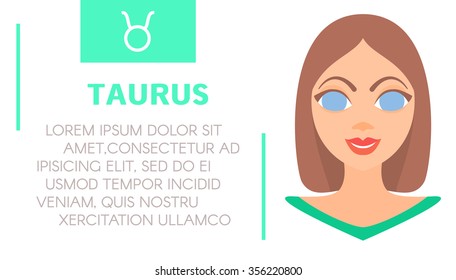 Flat style illustration of girl with taurus zodiac sign and sample text of astrological prediction.Women's magazine horoscope background.Esoteric banner with astrological prognosis on white background