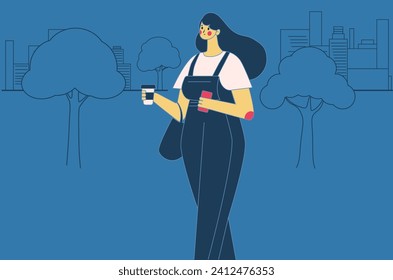 Flat style illustration of a girl walking in the park, and city buildings in the distance.