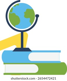 Una ilustración de estilo plano de un globo terráqueo sentado en libros, expresando conceptos globales de educación y estudio en un formato minimalista y colorido.