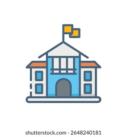 Ilustração em estilo plano de um edifício do governo com uma bandeira. Paleta de cores fria e contornos nítidos.